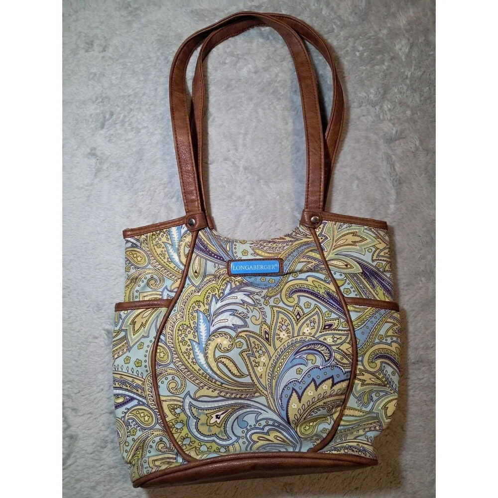 Longaberger Small Tote Blue And Green Paisley Print Faux Leather Trim & Handles